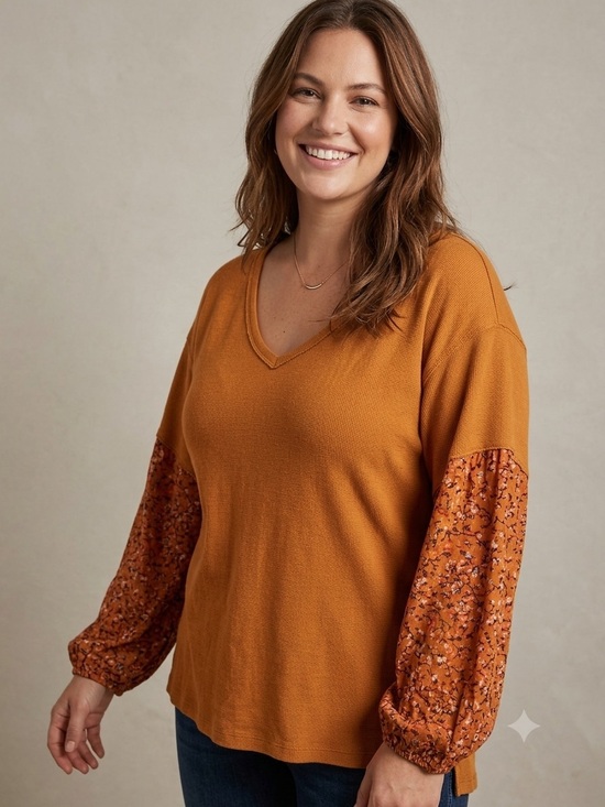 Anthropologie Tops - Anthropologie Knit V-Neck Top with Floral Balloon Sleeves - Rust. PTP is 22